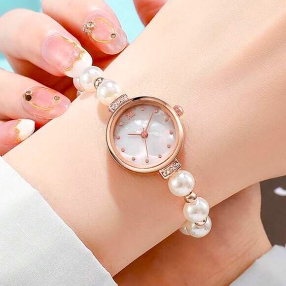 SALE Rose Gold Filled Chain Pearl Iridescent Inlay Wrist Watch - Picture 4 of 7